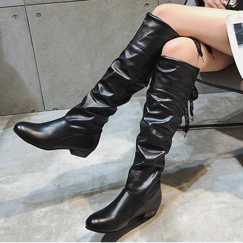 Shoes For Women Spring Knee High Boots Red Black White Tall Boots Woman Pleated Low Heel Casual Leather Female Long Shoes