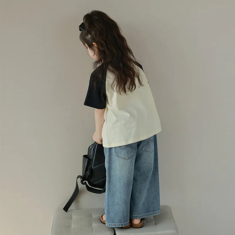 Pantalones vaqueros de cintura alta y pierna ancha para niñas de 3 a 8 años, lisos, con múltiples bolsillos y cintura elástica, pantalones vaqueros casuales de moda para niños.