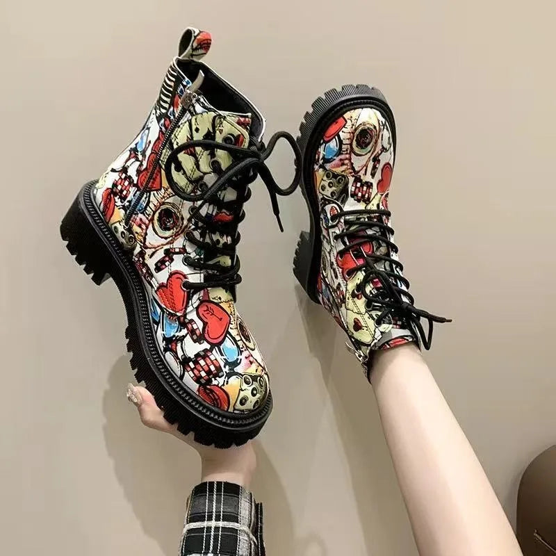 Thick-soled Women's Ankle Boots Fashion Printed Women Shoes High Quality Non-slip Motorcycle Boots New Gothic Style Women Boots