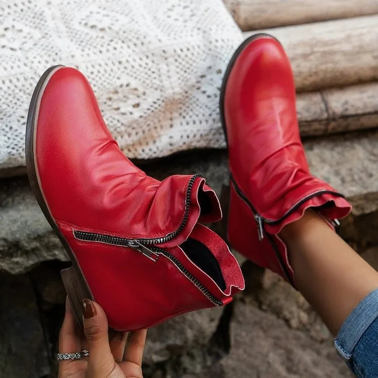 Botas cortas con cremallera de doble cara y tacón cuadrado redondo de estilo europeo y americano para mujer, talla grande, otoño/invierno