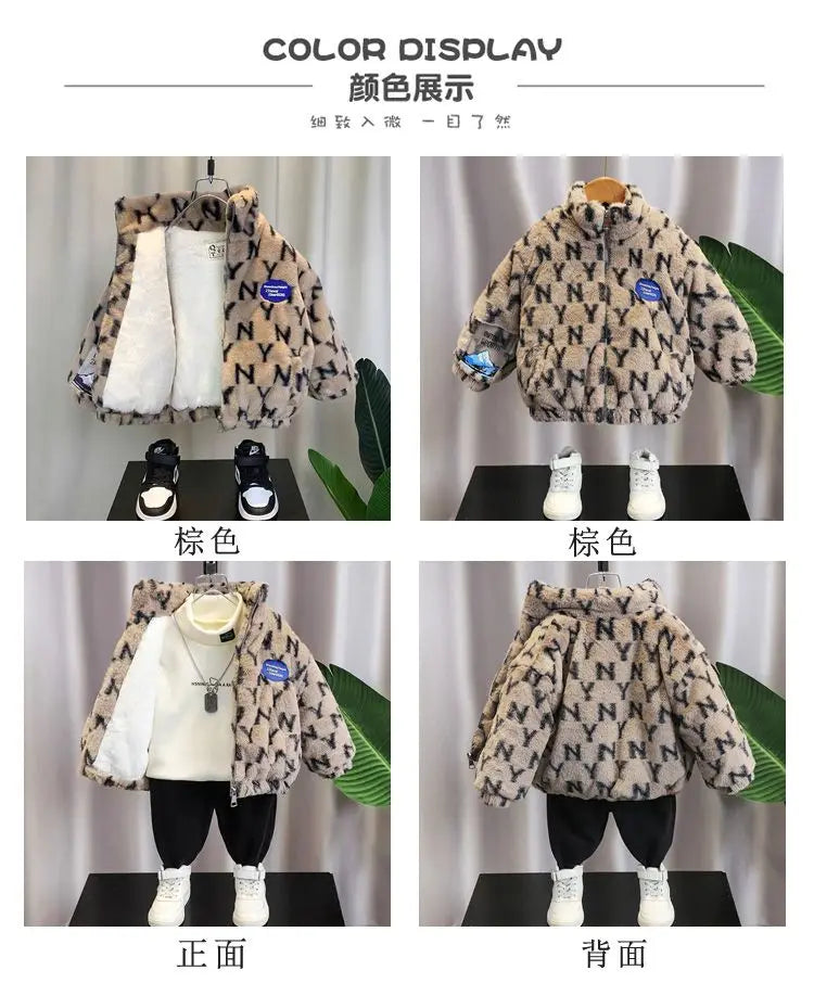 Autumn/Winter Children's Jacket New Boys' and Girls' Thick Cotton Jacket with Velvet and Clip on Cotton Top