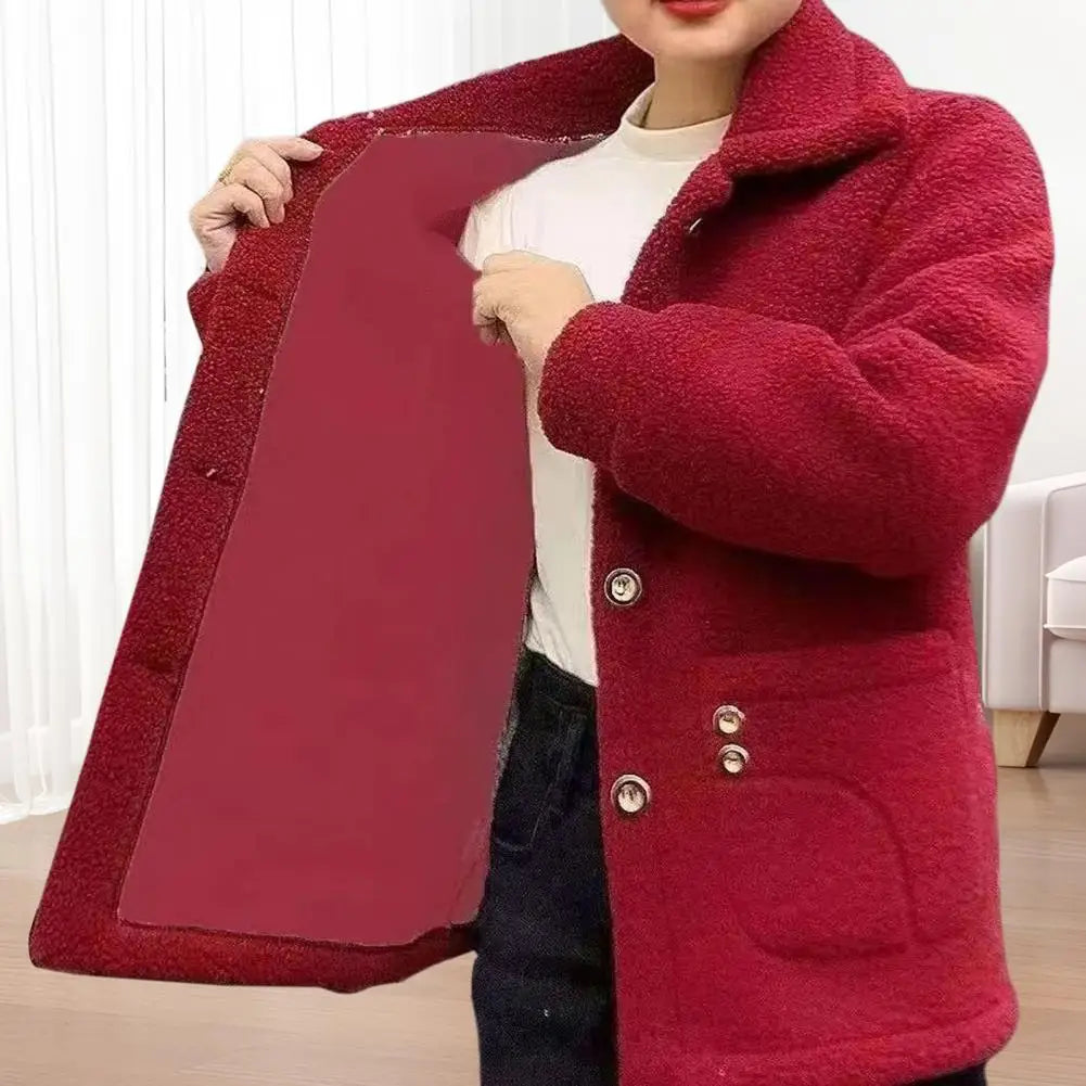 Winter Fleece Coat Thickened Single-breasted with Side Pockets Turn-down Collar Coldproof Solid Color Long Sleeves Outwear Jacke