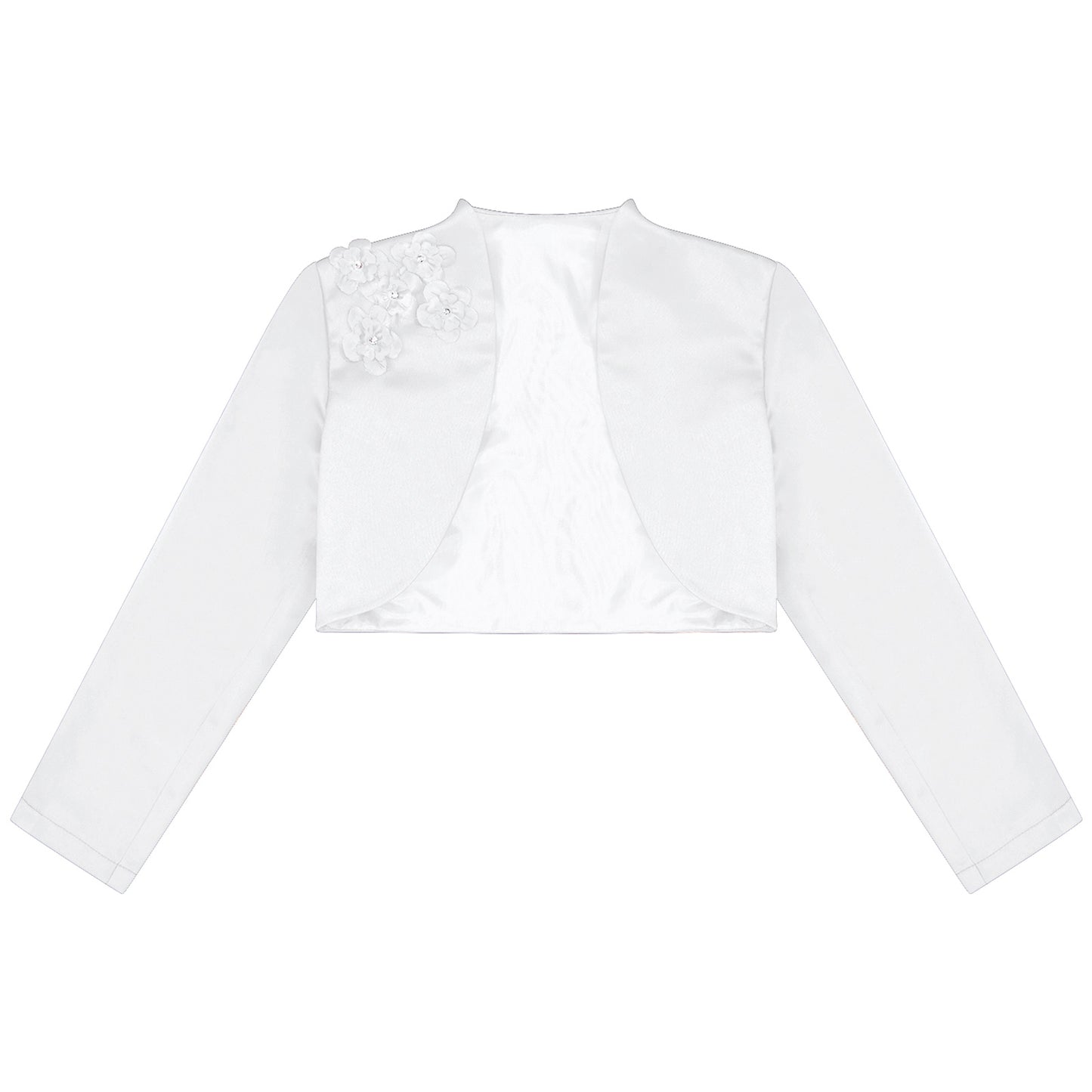 Kids Girls Satin Bolero Jackets Rhinestone Flower Elegant Cardigan Long Sleeve Open Front Shrug Cape Wedding Party Dress Outwear