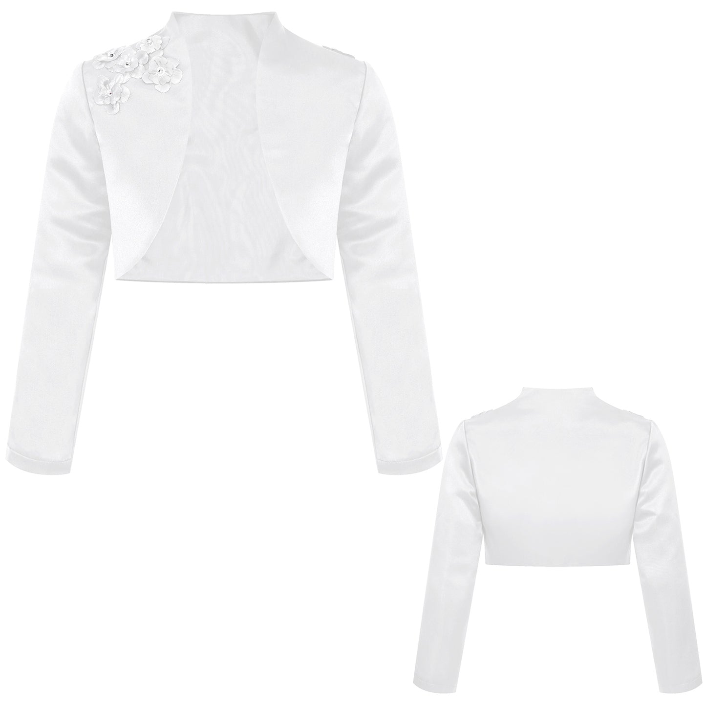 Kids Girls Satin Bolero Jackets Rhinestone Flower Elegant Cardigan Long Sleeve Open Front Shrug Cape Wedding Party Dress Outwear