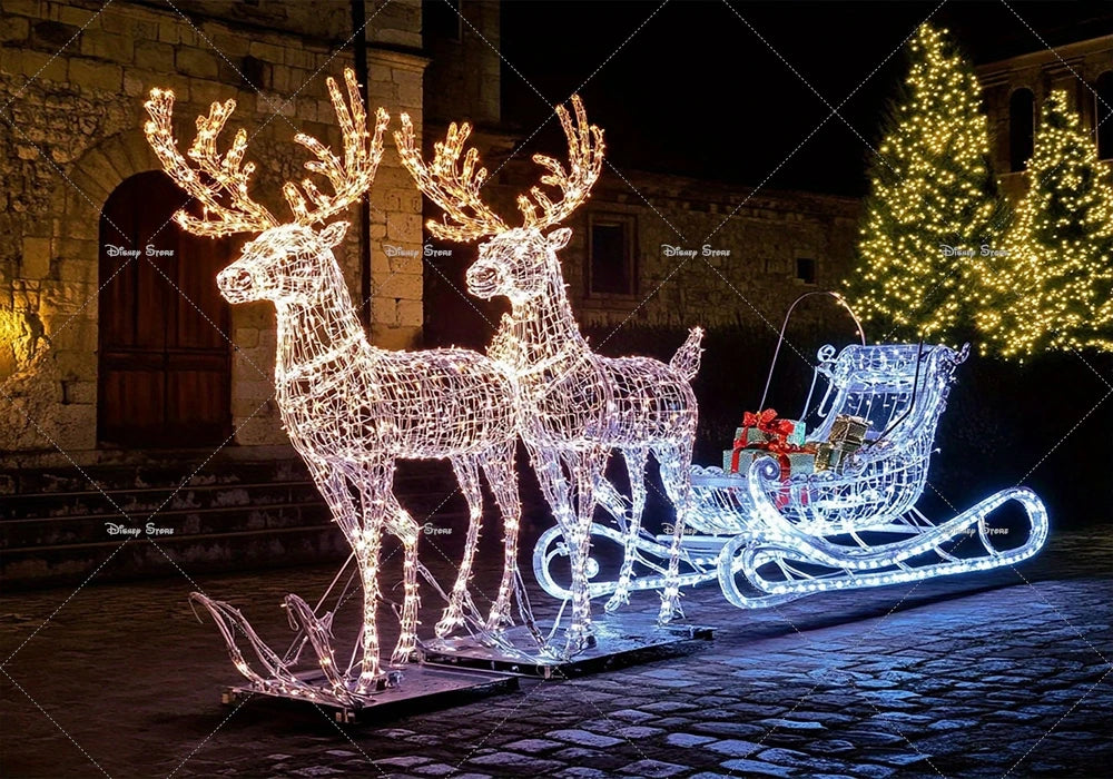 Christmas Reindeer Sleigh Painting Banner Night Elk Lights Christmas Party Photo Home Decoration Photography Background Studio