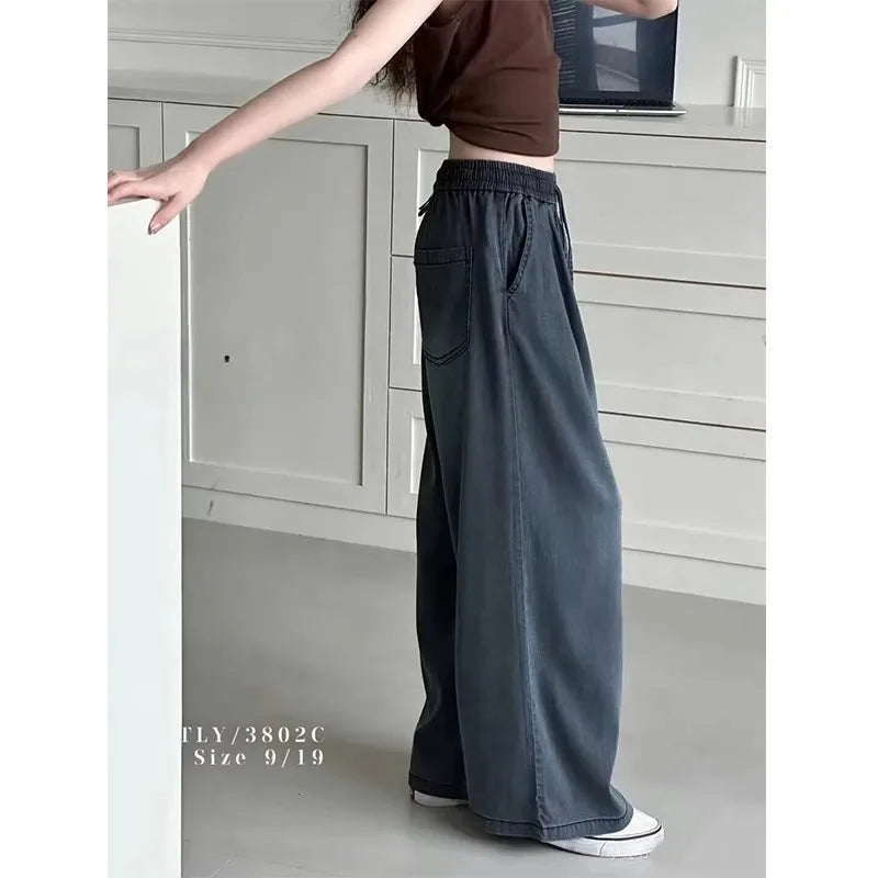 Hot sales Girls Summer Thin Jeans 2025 New Style Lyocell Cotton Straight Leg Jeans Big Kids Wide Leg Long Trousers