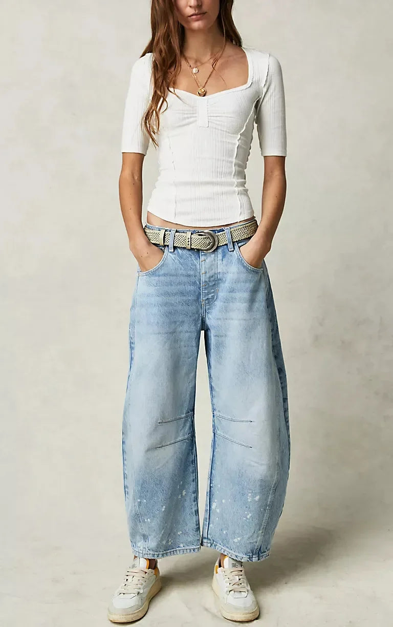 Pantalones vaqueros holgados de pierna ancha para mujer, decolorados, de color liso, de cintura alta, a la moda, hasta el tobillo