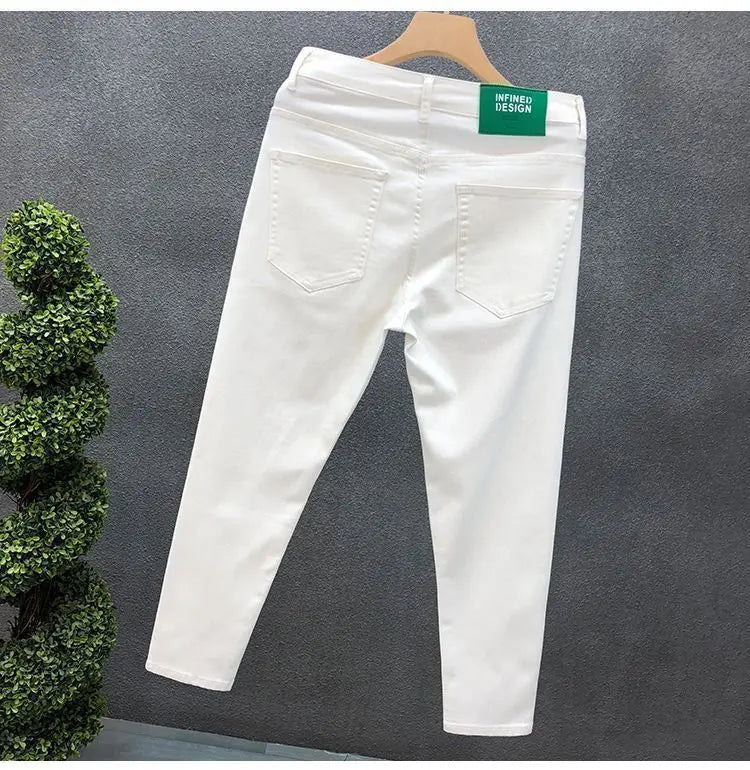 Fashion Luxury Designer Men's White Black Jeans Slim Fit Korean Style Stretch Denim Pants for Summer  Stretch  Skinny Jeans Male