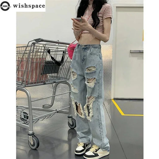 Pantalones vaqueros desgastados de cintura alta para mujer, de primavera y verano, de tubo recto, holgados, de pierna ancha, lavados, de talla grande, 2022