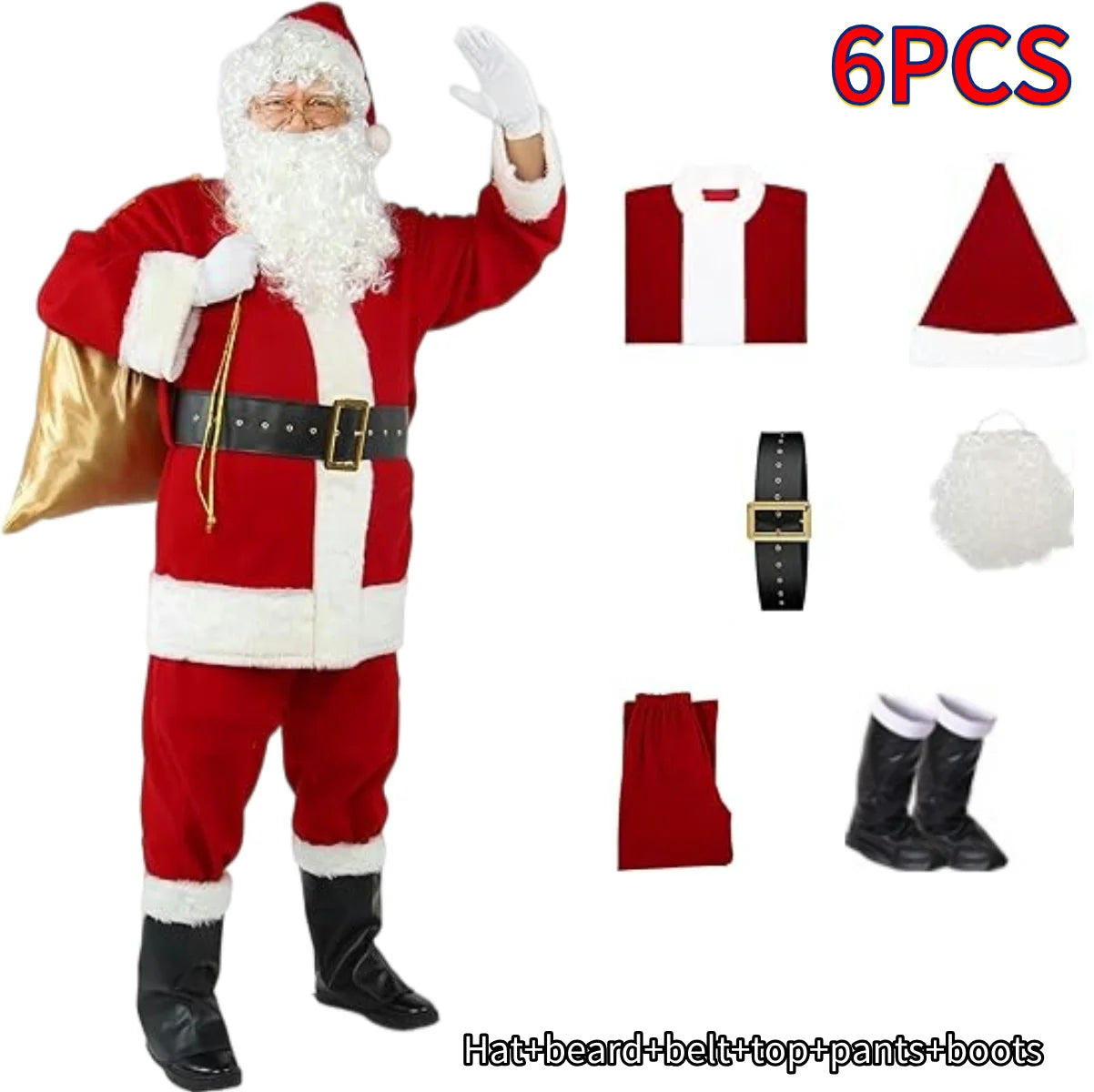 Ensemble Père Noël en velours doré, vêtements chauds de Noël pour hommes, costume de cosplay pour adultes