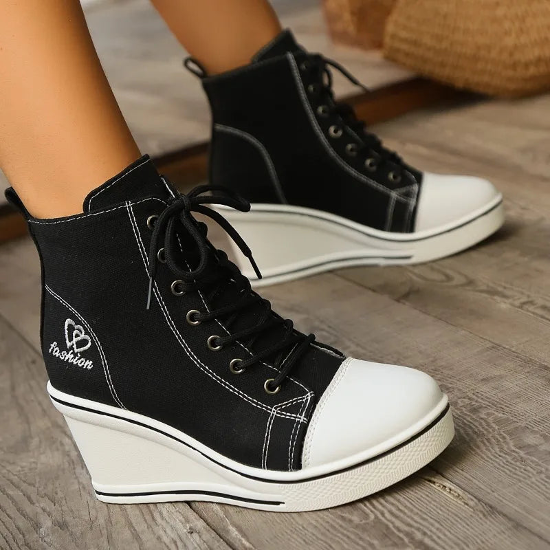 Botines de mujer de suela gruesa con cuña y lona, estilo nuevo, sencillos, informales, a la moda, para caminar en invierno, clásicos.