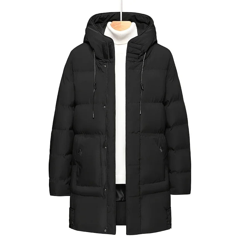 2024 Warm Hooded Mid-length Jacket Mens Casual Zip Up Cotton Padded Jacket Overcoat Autumn Winter Windbreaker Coats Men Clothing