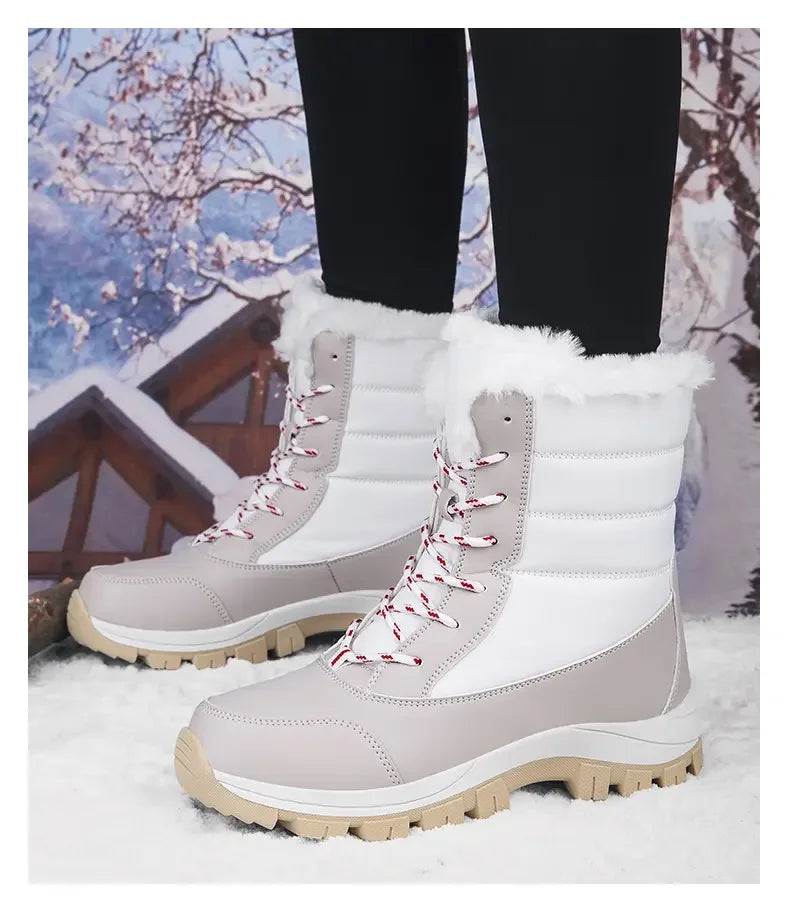 Winter Women's Waterproof High Heel Boots Strap Up Flat Heel Boots Warm Snow Shoes, Plush Outdoor Fashion Casual Boots
