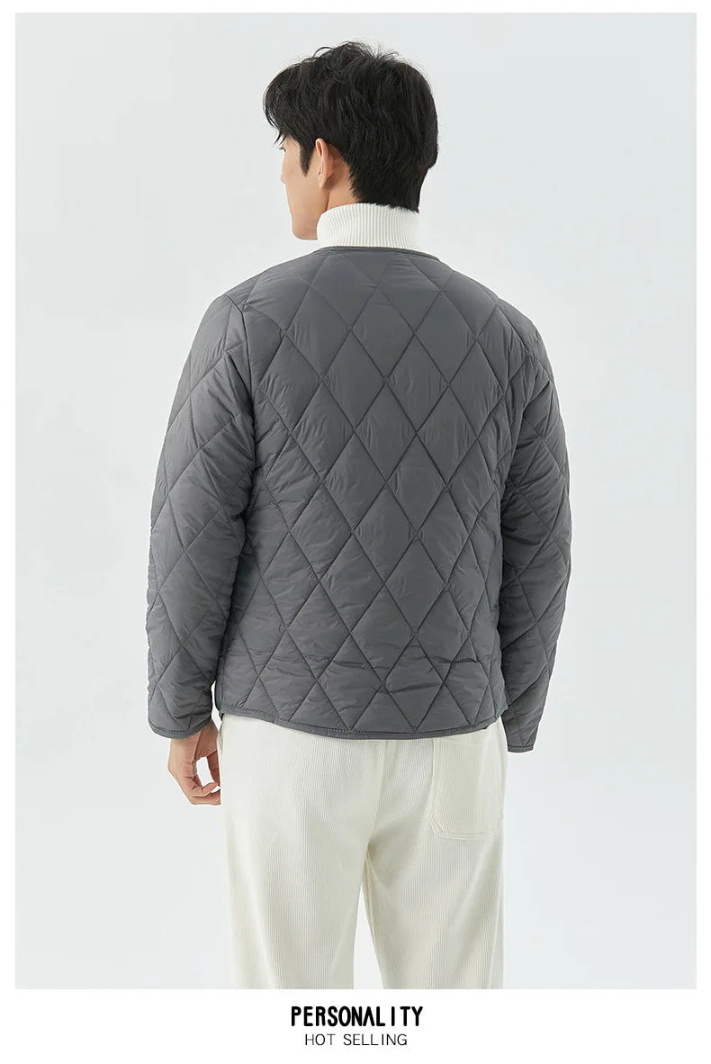 Men's Winter New Lightweight Single-breasted Padded Jacket with Pockets, Young Man Solid Color Argyle Casual Warm Padded Jacket