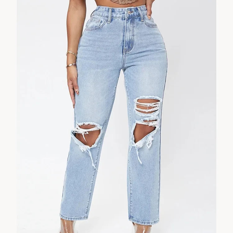 Mom Jeans Women Pant Long Pants Hollow Out Blue Elegant High Waist Pencil Elegant Wide Leg Streetwear Y2k Denim Trousers 2025