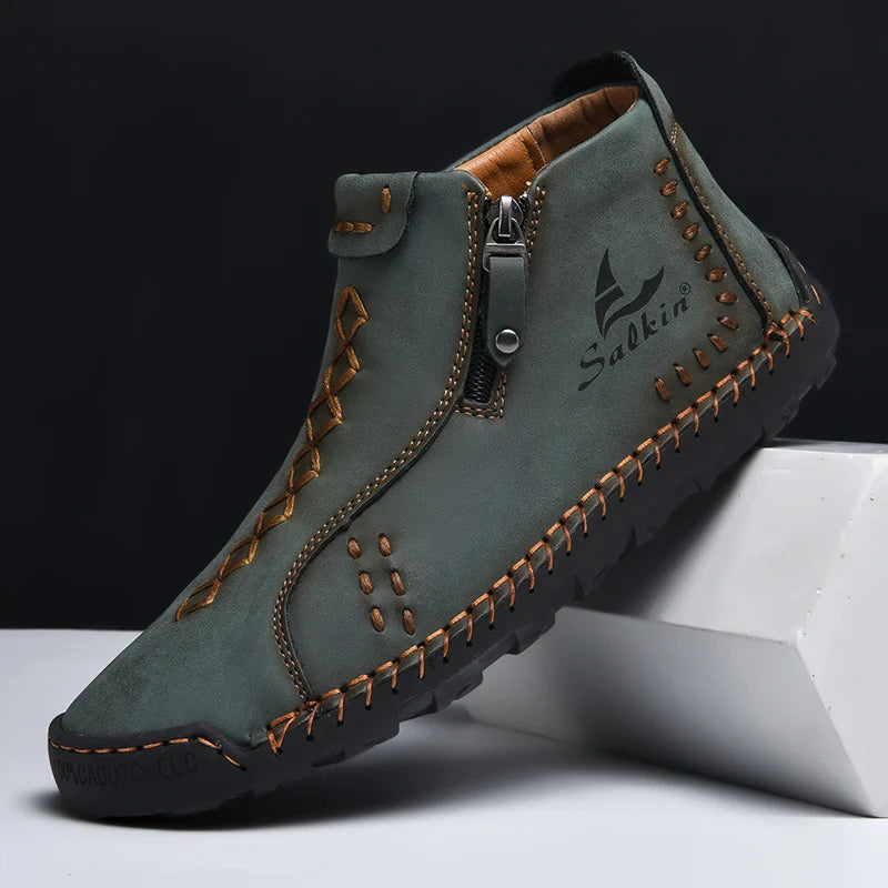 Nuevas botas de invierno hechas a mano en piel para hombre, con diseño de cremallera, transpirables, informales, de piel, botines para hombre, para exteriores