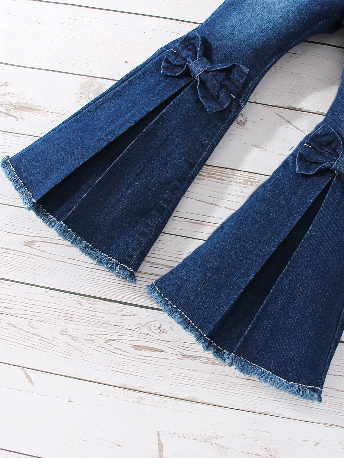 Girls' Solid Flared Denim Pants With Bow Tie, Regular Fit Casual Jeans, For Cute And Smart Look, Autumn/ Winter/ Spring
