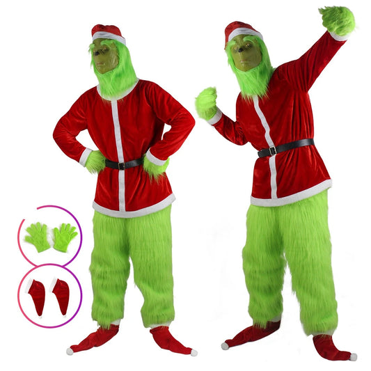 Joyeux Noël ! Déguisements du Grinch (voleur vert), masque en peluche, pantalon, gants, bonnet de Père Noël rouge, chaussettes, ensemble cadeau de Noël