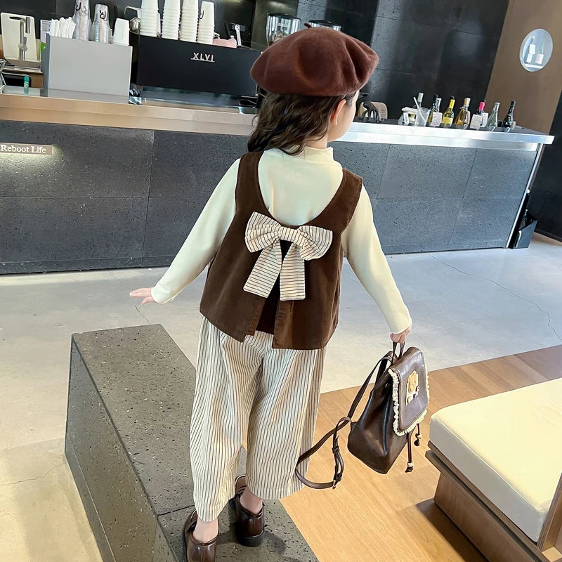 Girls Autumn Spring Clothing Set Fashion Children's Bow Tie Vest + Undershirt + Wide-Leg Pants Three-Piece Set 2025 New