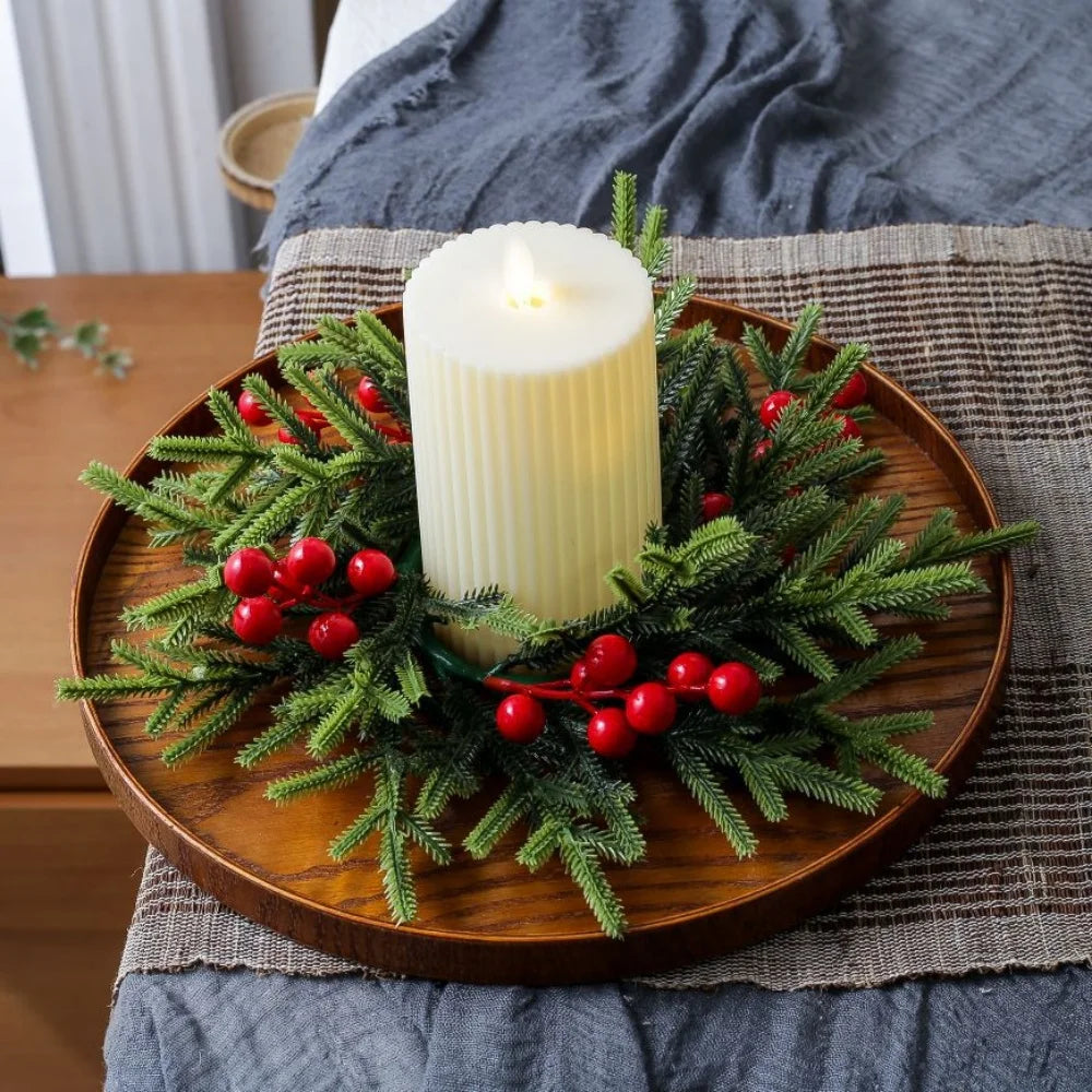 Christmas Wreath Artificial Berries Pinecone Pine Candlestick Wreaths Garland Candle Ring Table Home Party Decoration