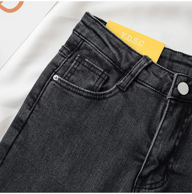 Pantalones vaqueros negros y grises para mujer, pantalones cortos adelgazantes, elegantes y versátiles, pantalones cortos para estudiantes, pantalones largos, corte entallado, silueta suavizante