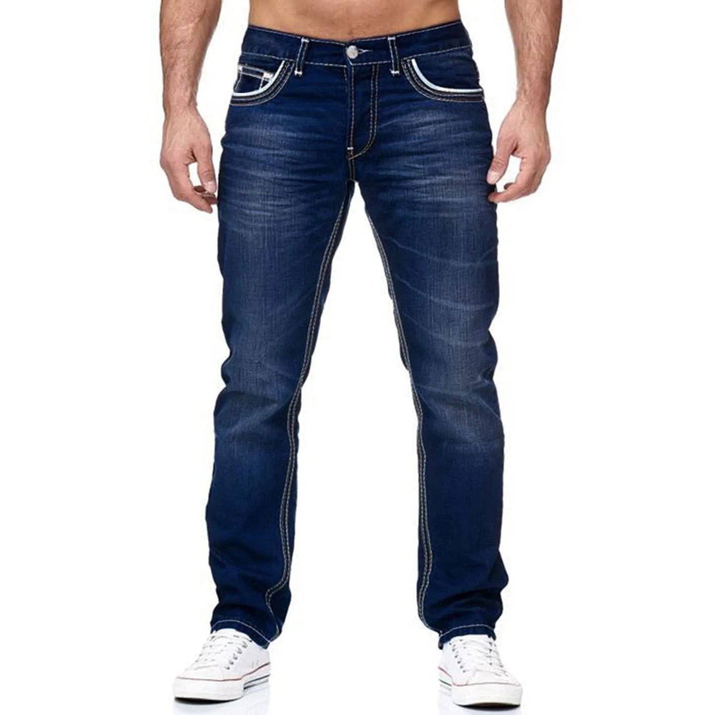 Vintage Men Jean Denim Pants Washed Pockets Mid Waist Zipper Fly Loose Fit Punk Style Distressed Ankle Length Straight Jeans