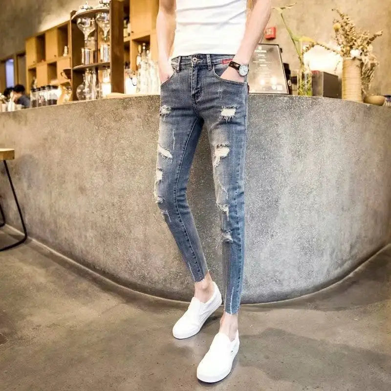 Spring Summer Work Wear Men Luxury Casual Fashion Korean Style Clothes Hip-hop Jeans Slim Japanese Streetwear Beggar Feet Pants