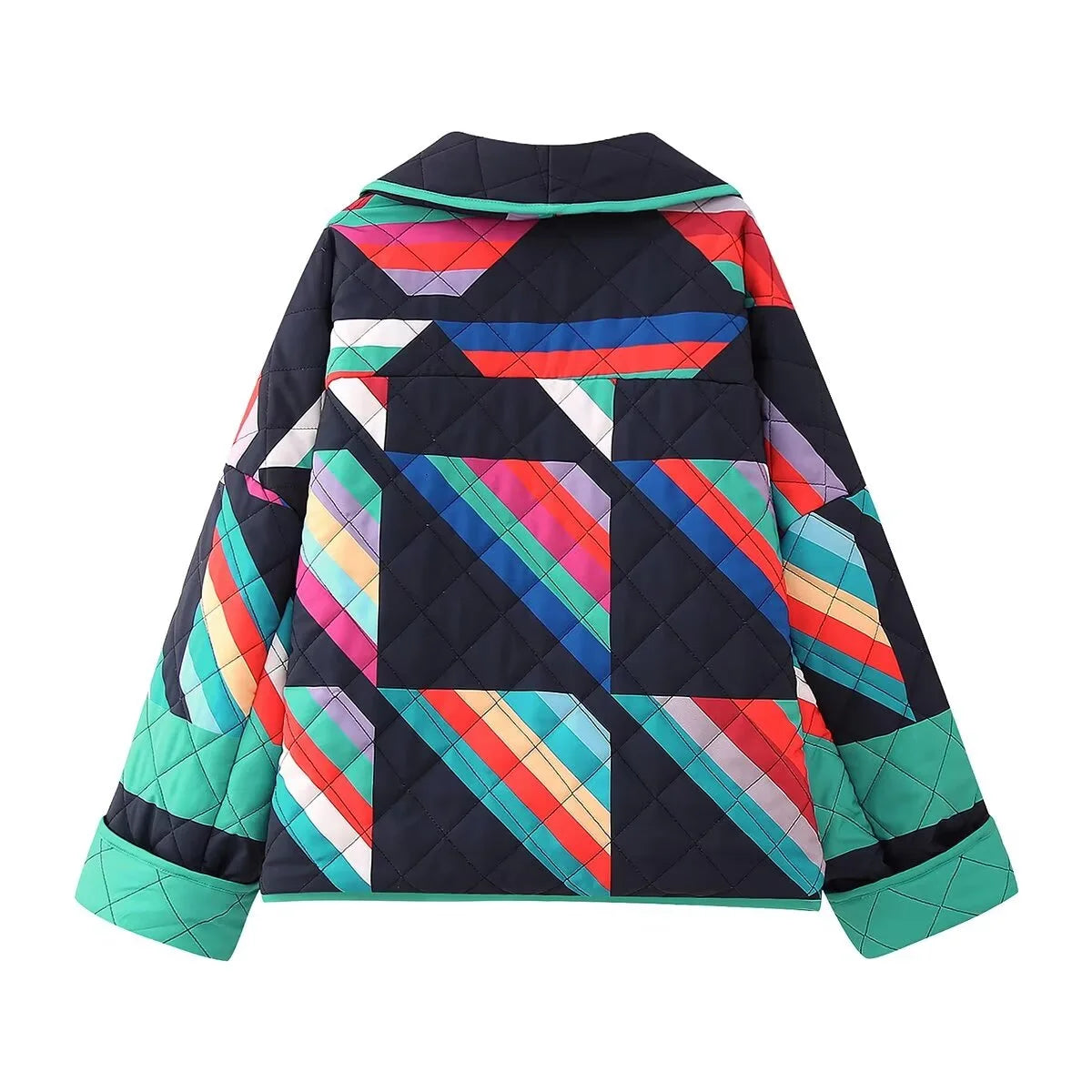 Women Casual Parka Fall-Winter 2024 Fashion Geometric Print Spliced Jacket Vintage Lapel Kimono Cardigan Elegant Thermal Tops