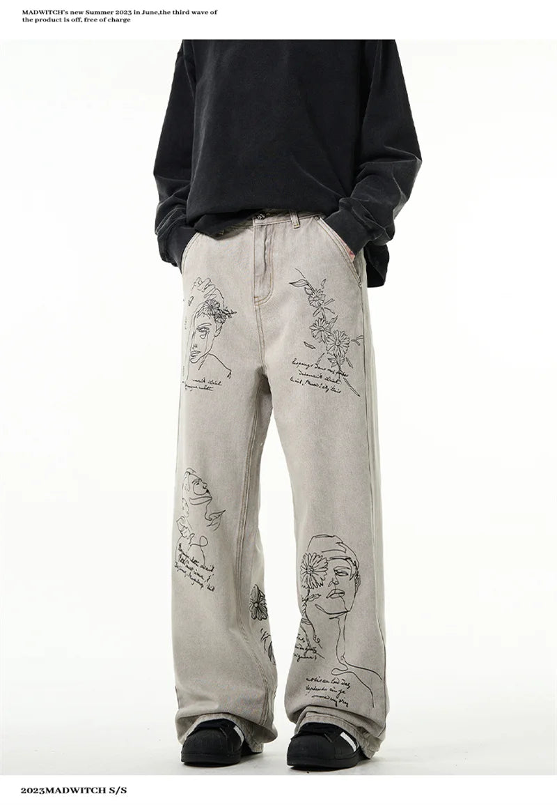American Retro Graffiti Graphic Printed Jeans For Men Harajuku Fashion Baggy Denim Pants Distressed Y2K Streetwear Jean Trousers