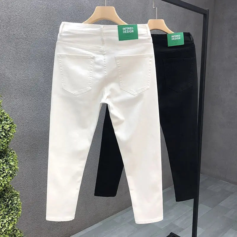 Fashion Luxury Designer Men's White Black Jeans Slim Fit Korean Style Stretch Denim Pants for Summer  Stretch  Skinny Jeans Male