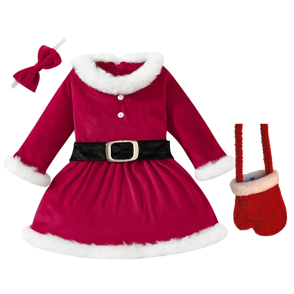 Children Christmas Party Dress Velvety with Fluffy Trim Hooded V-Neck Xmas Gown with Waist Bow Girl Red Christmas Dress