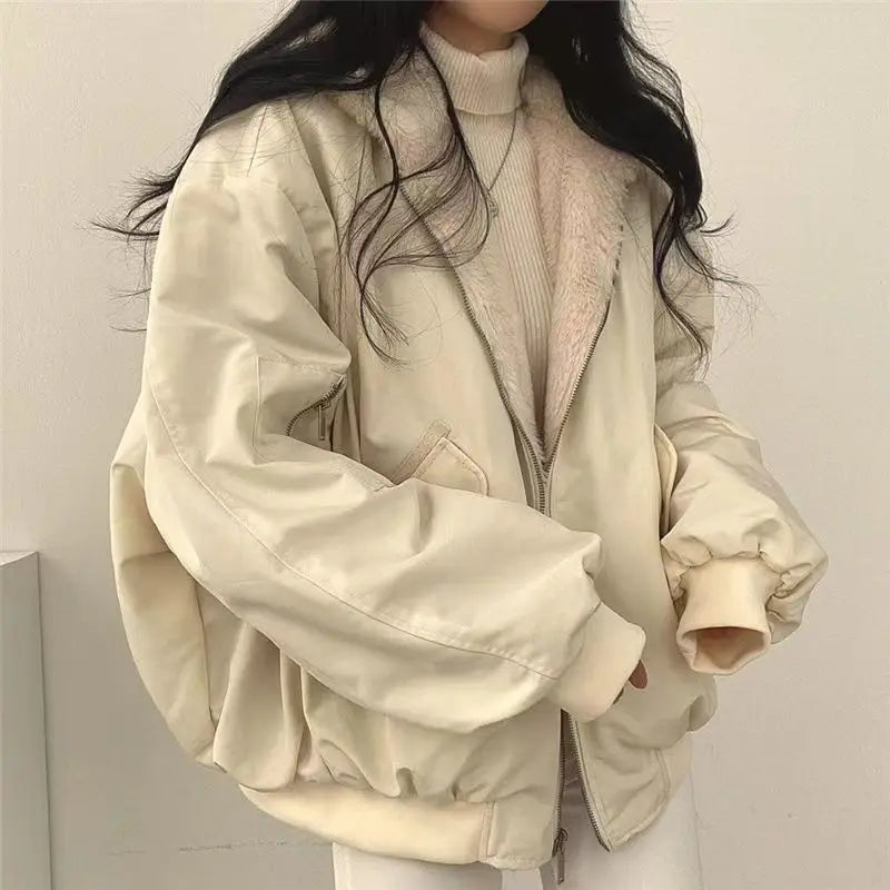 Women Parkas Coat Korean Thick Warm Coats Solid Zipper Hooded Loose Jacket Casual Full Sleeve Regular Splice Pockets Winter