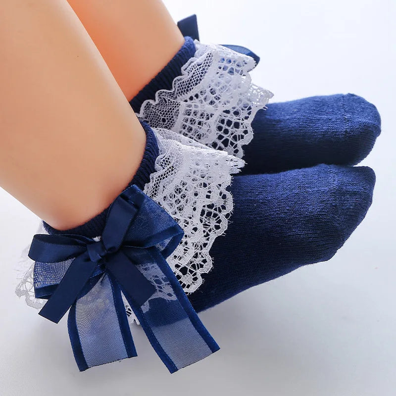 0-12M Newborn Baby Lace Socks Bow Princess Socks Girls Infant Spring and Autumn Baby Cotton Socks Girls Breathable Ruffled Socks