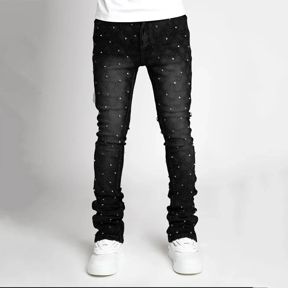Mens Jeans Fashion Straight Stretch Pearl Denim Laminated Pants for Men