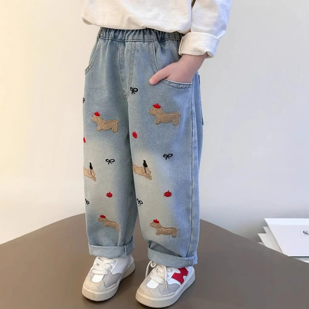 2025 New Girls Jeans Loose Straight Leg Pants for Toddler Baby Casual Wear Spring Autumn