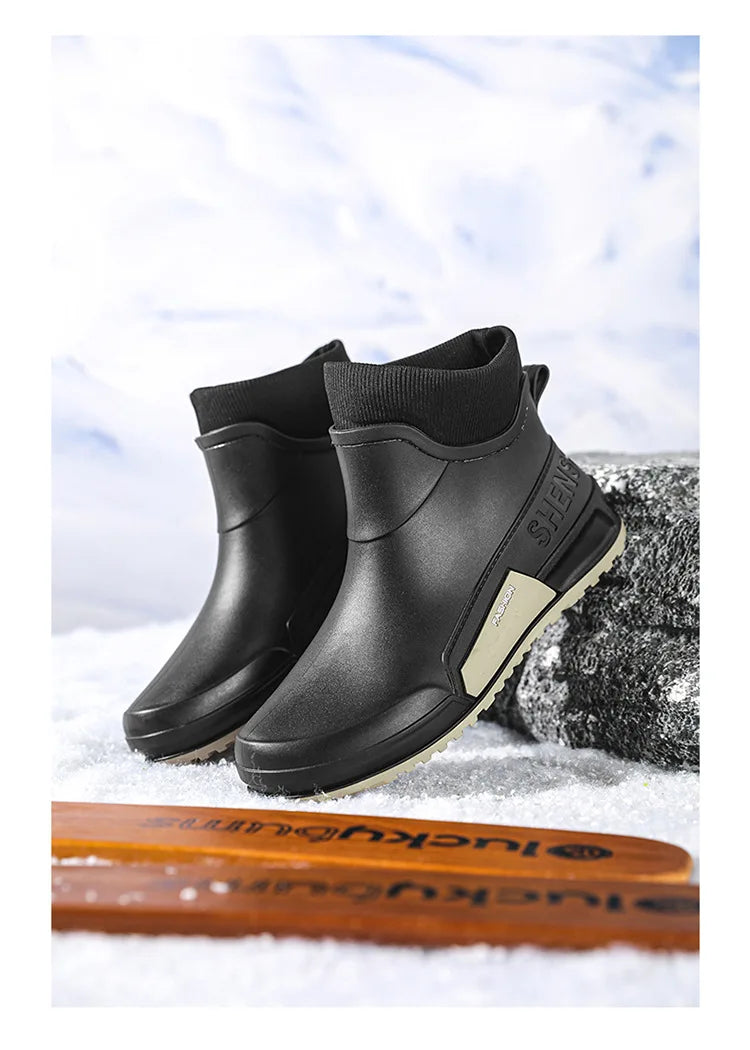 Waterproof Ankle Rain Boots for Men Chef Kitchen Fleece-lined Man Shoes Work Fashion Rainy Day Non-slip Garden Fishing Wellies