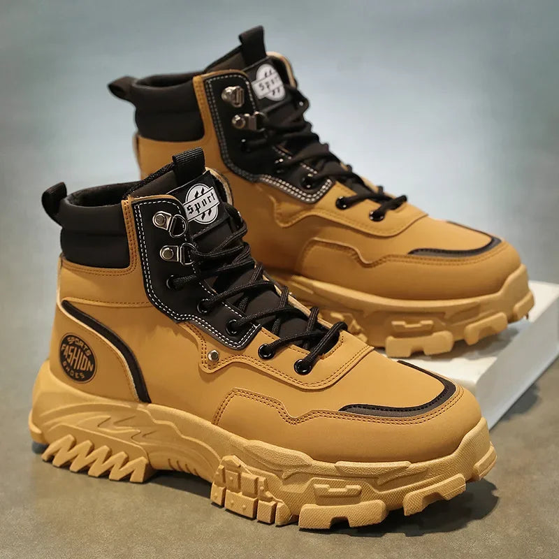 Botas de hombre de algodón, estilo británico, de caña alta, con refuerzos de PU, suela gruesa, cierre de cordones, cómodas y antideslizantes, ideales para deportes de montaña.