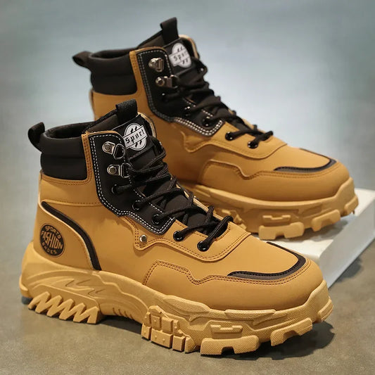 Botas de hombre de algodón, estilo británico, de caña alta, con refuerzos de PU, suela gruesa, cierre de cordones, cómodas y antideslizantes, ideales para deportes de montaña.