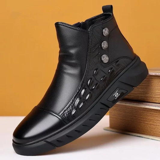 Botas de lujo para hombre, botas de plataforma altas de moda, botas clásicas de cuero para uso casual de negocios, botas de invierno de algodón cálido y afelpado para hombre