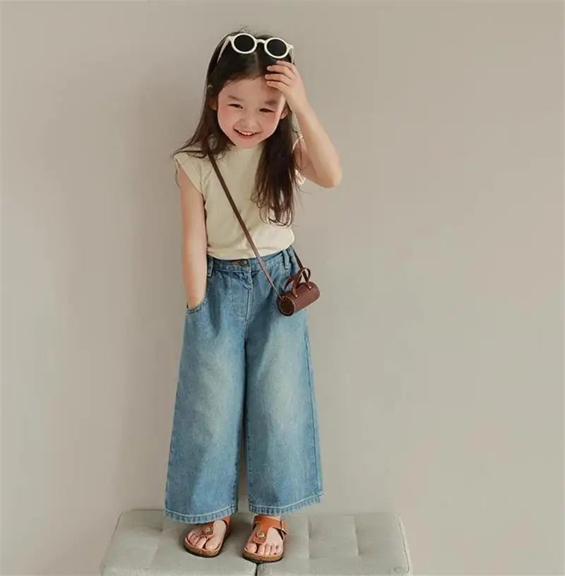 Humor Bear Girls’ Jeans Kids Clothing Summer Baggy Multi-pocket Elastic-waisted Long Jeans Wide-leg Pants Girls Pants