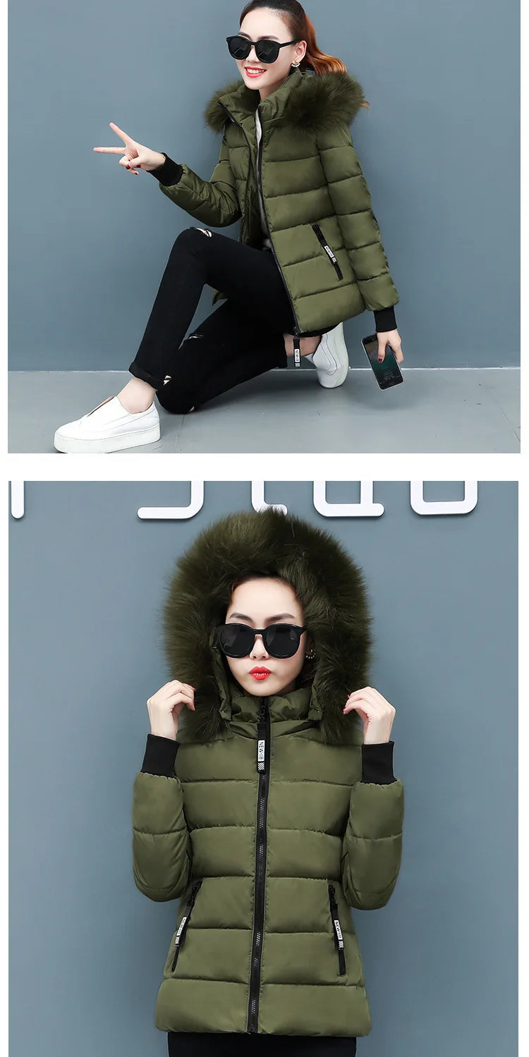 Solid Color Detachable Hooded Hair Collar Slim-fit Cotton-padded Jacket, Women's Winter New Warm Casual Stand Collar Padded Coat