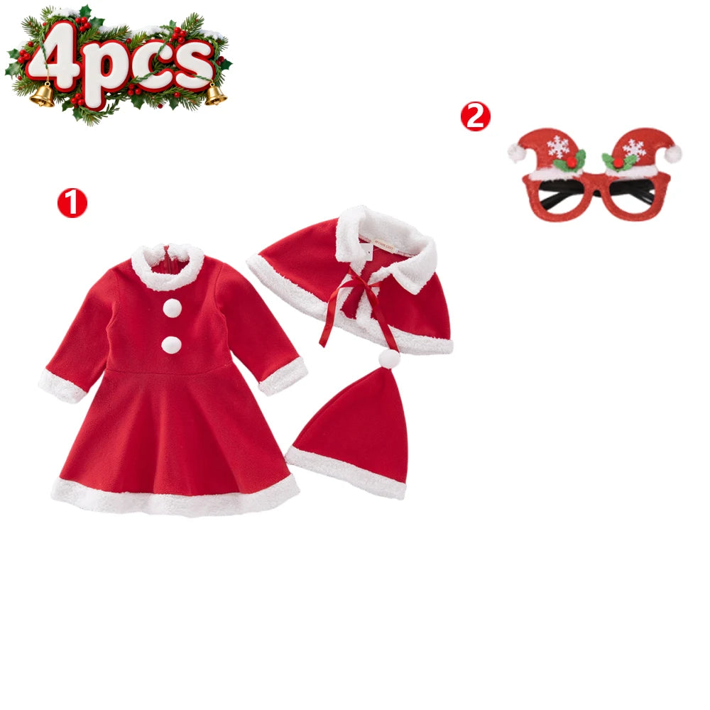 Ensemble robe à manches longues, châle et bonnet de Père Noël pour fille, idéal pour le Nouvel An et les fêtes de Noël. Vêtements rouges pour le carnaval et le carnaval.