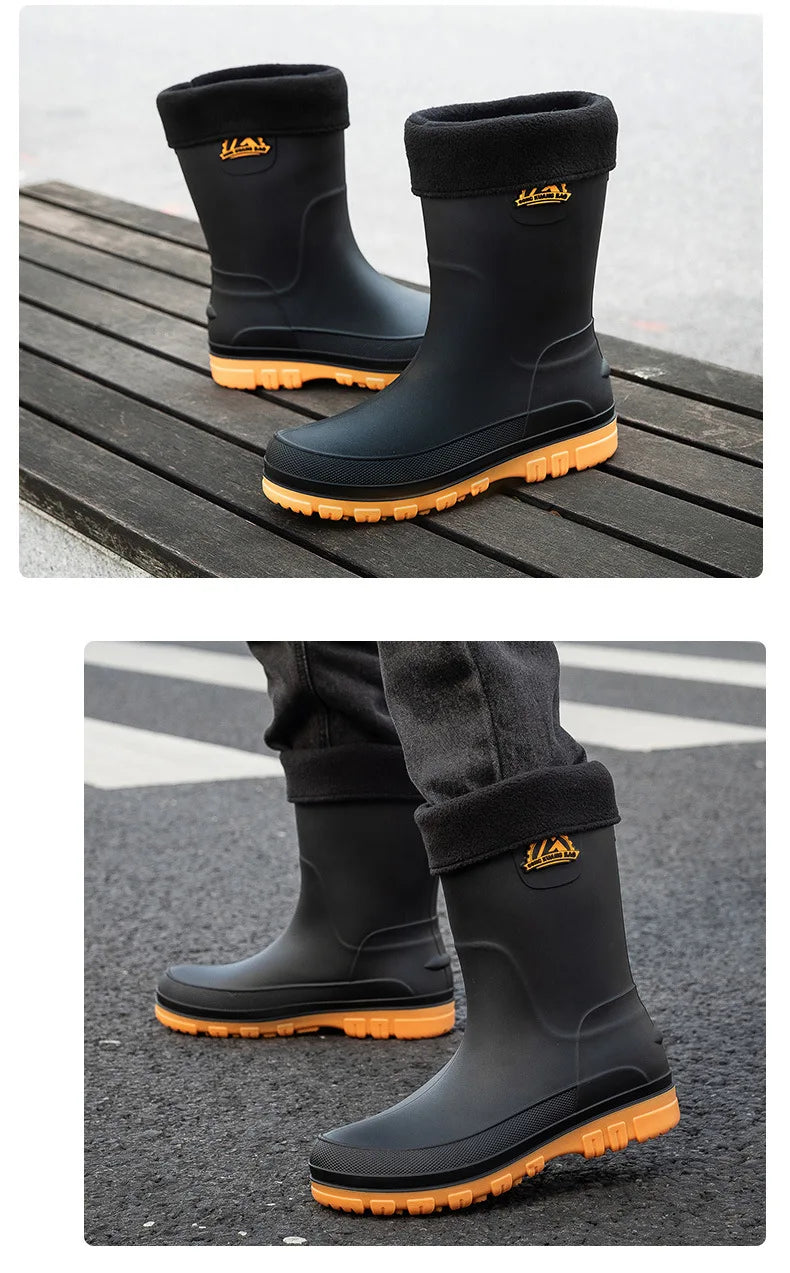 Bottes de pluie décontractées pour hommes, imperméables et antidérapantes, tige mi-haute, chaussures de travail tendance en caoutchouc (prendre une pointure au-dessus pour les modèles en coton)