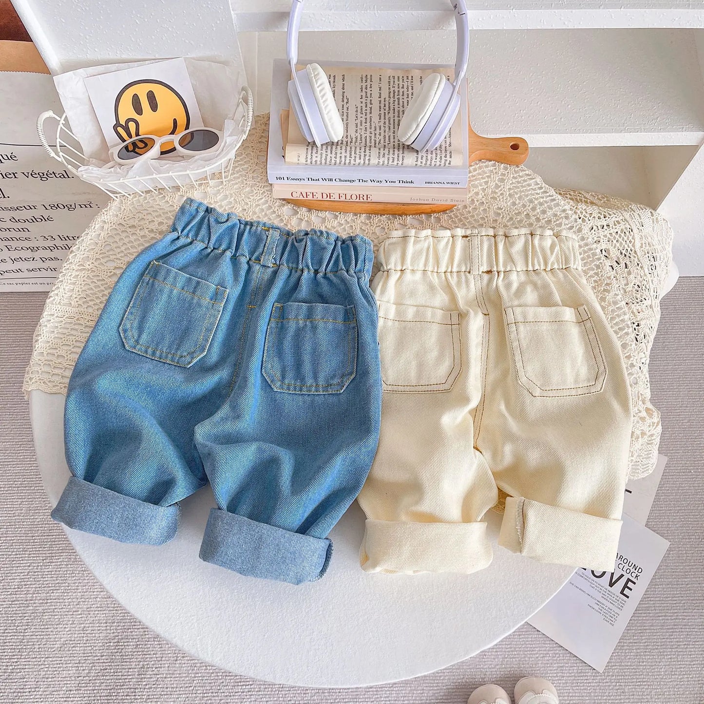 Vaqueros suaves de cintura alta para niños: pantalones casuales de color liso para bebés y niños, estilo coreano, otoño.