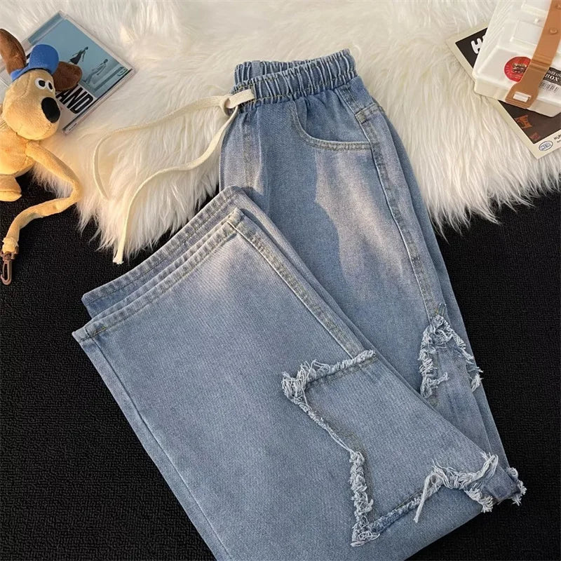 American Retro Star Embroidery Jeans Men's Baggy Hip Hop Fashion Denim Pants 2025 New Casual Y2K Streetwear Straight Trouser
