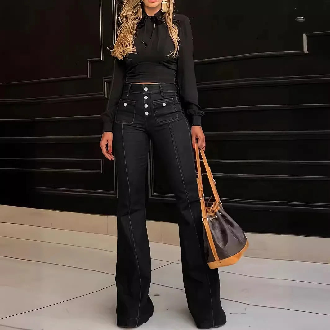 Jean pour femme, longueur cheville, coupe évasée, poches en denim, ample, taille haute, uni, boutons, braguette zippée