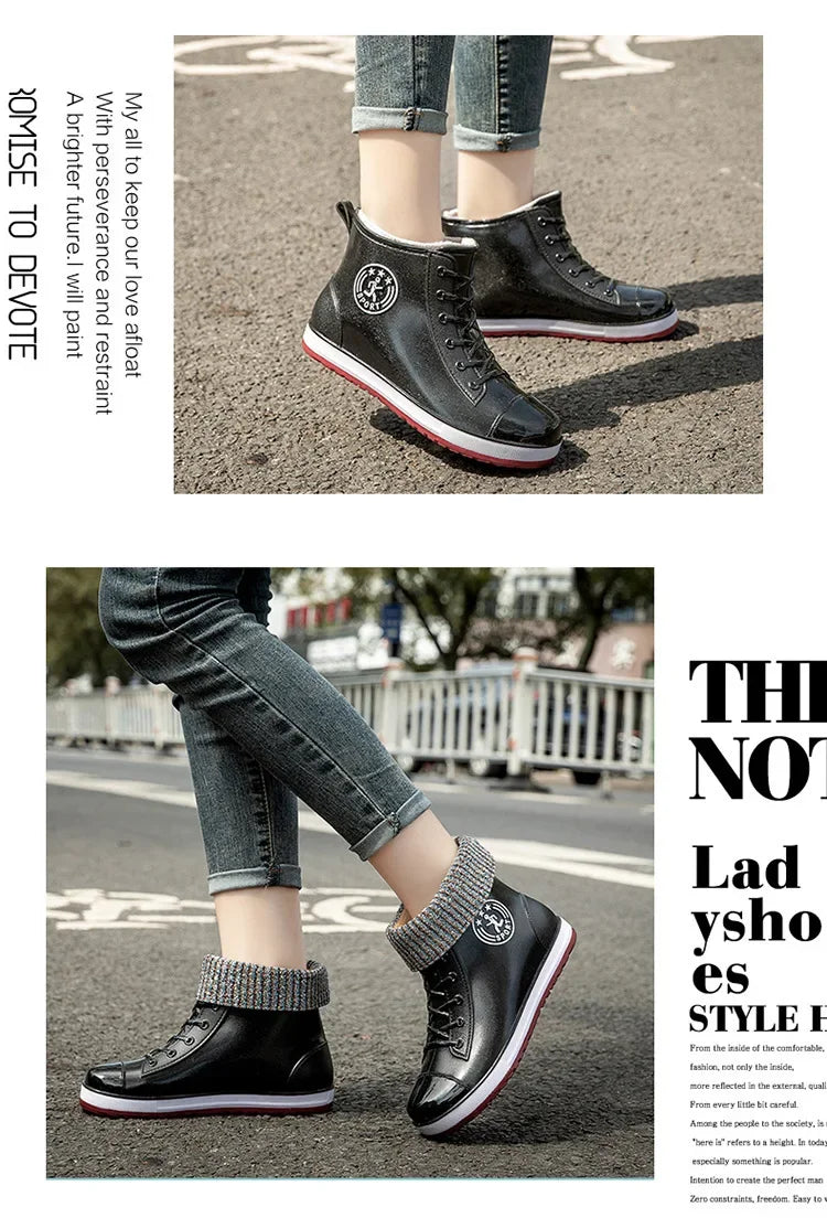 Women's Rain Boots Fashion Warm Cotton RubberShoes Ankle Rain Shoes for Women Waterproof Garden Galoshes Botas Lluvia Mujer