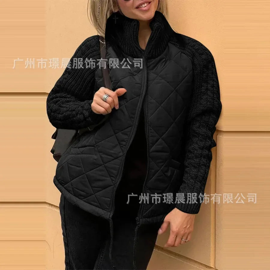 Women Autumn Winter Cardigan Zipper Long-sleeved Stand-up Collar Parka Jacket Coat Solid Color