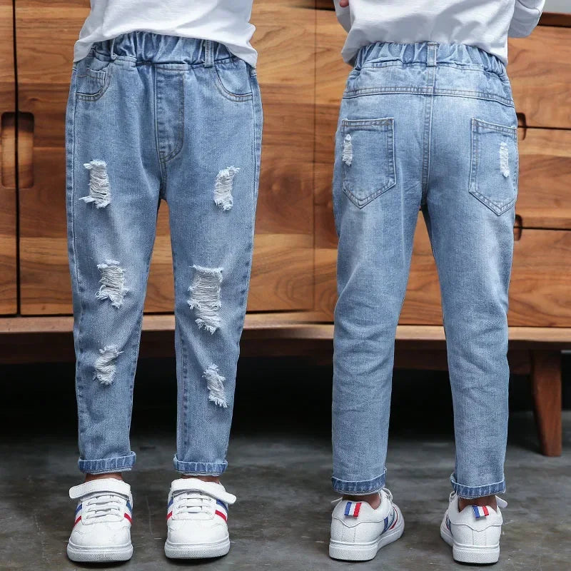 Pantalones vaqueros de moda para niños, vaqueros rotos para adolescentes, pantalones con agujeros, ropa informal para niños, pantalones vaqueros atractivos para primavera y otoño para niños y niñas.