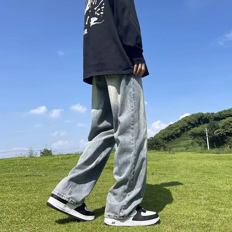 New Korean Fashion Baggy Jeans For Men Classic Drawstring Straight Denim Pants Y2K Vintage Jean Streetwear Wide-leg Trousers
